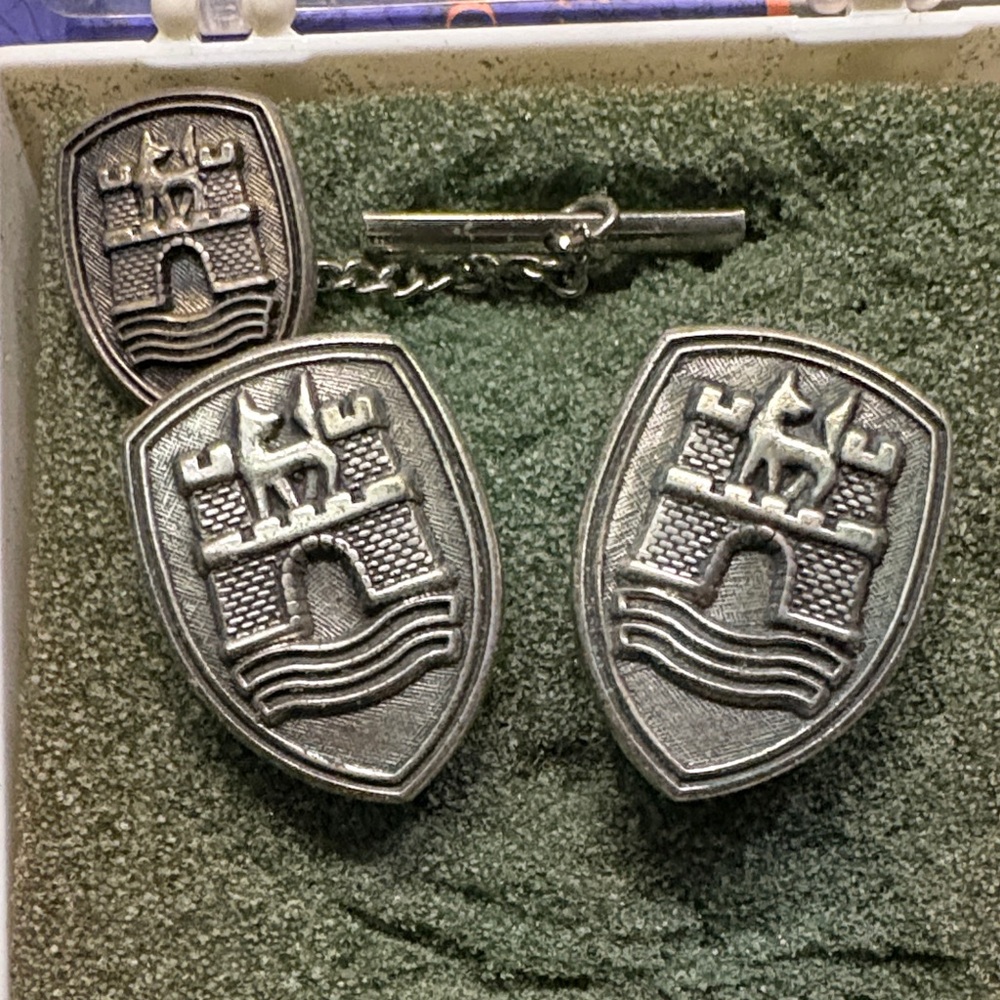 1940s Pewter Castle w Dogs Celtic Vintage Cufflinks and Tie Clip Set